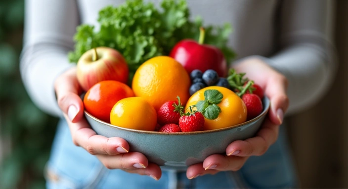 A person's hands holding a vibrant, healthy bowl of fresh fruits and vegetables, symbolizing a holistic and balanced approach to nutrition and well-being.